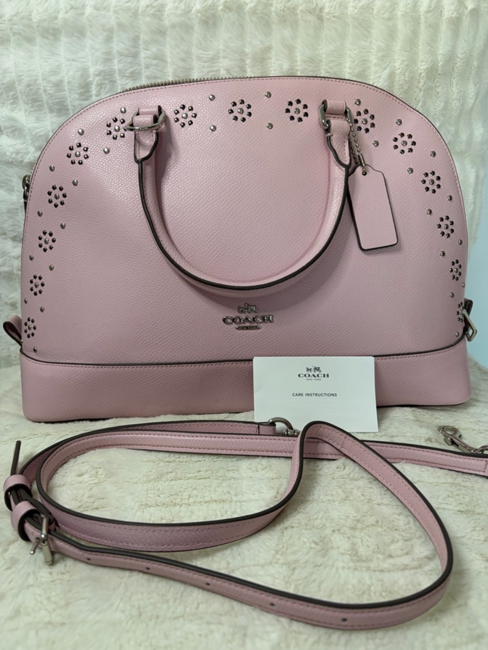 COACH Light Pink Pebbled Leather Satchel with Stud Accents